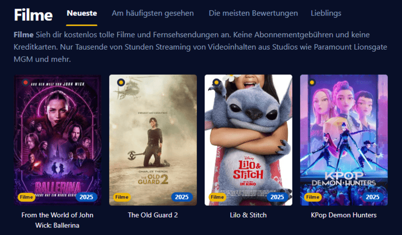 Bildschirmfoto der Einschalten Oberfläche die eine moderne Streaming Plattform mit Filmen und Serien zeigt